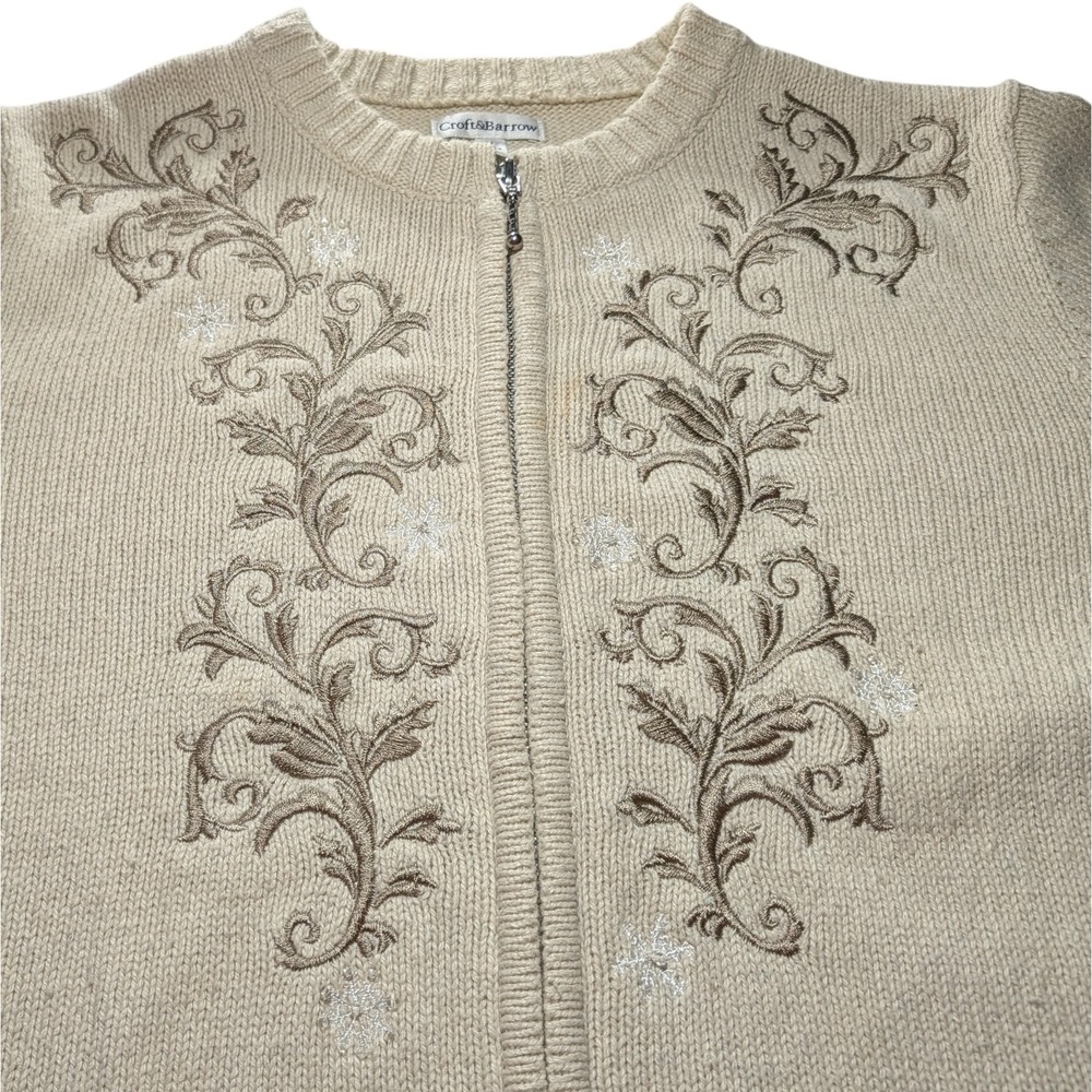 Croft and Barrow Cardigan‎ Sweater Zip Up Tan Floral Embroidered  Womens Med SEE